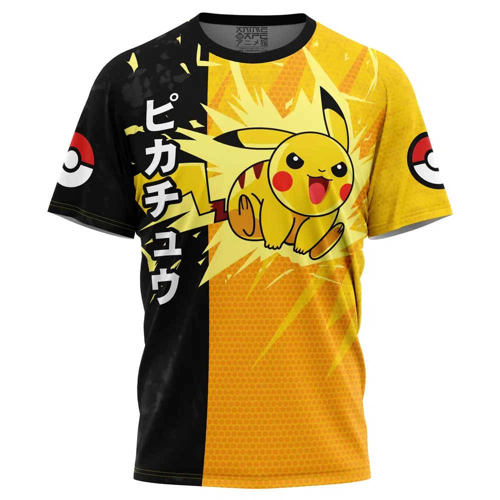 Men's Pokemon Pikachu Split Black Yellow Japanese Pokeball Sleeve Print Crew Neck T-Shirt, Anime Otaku Streetwear Short Sleeve G view 3