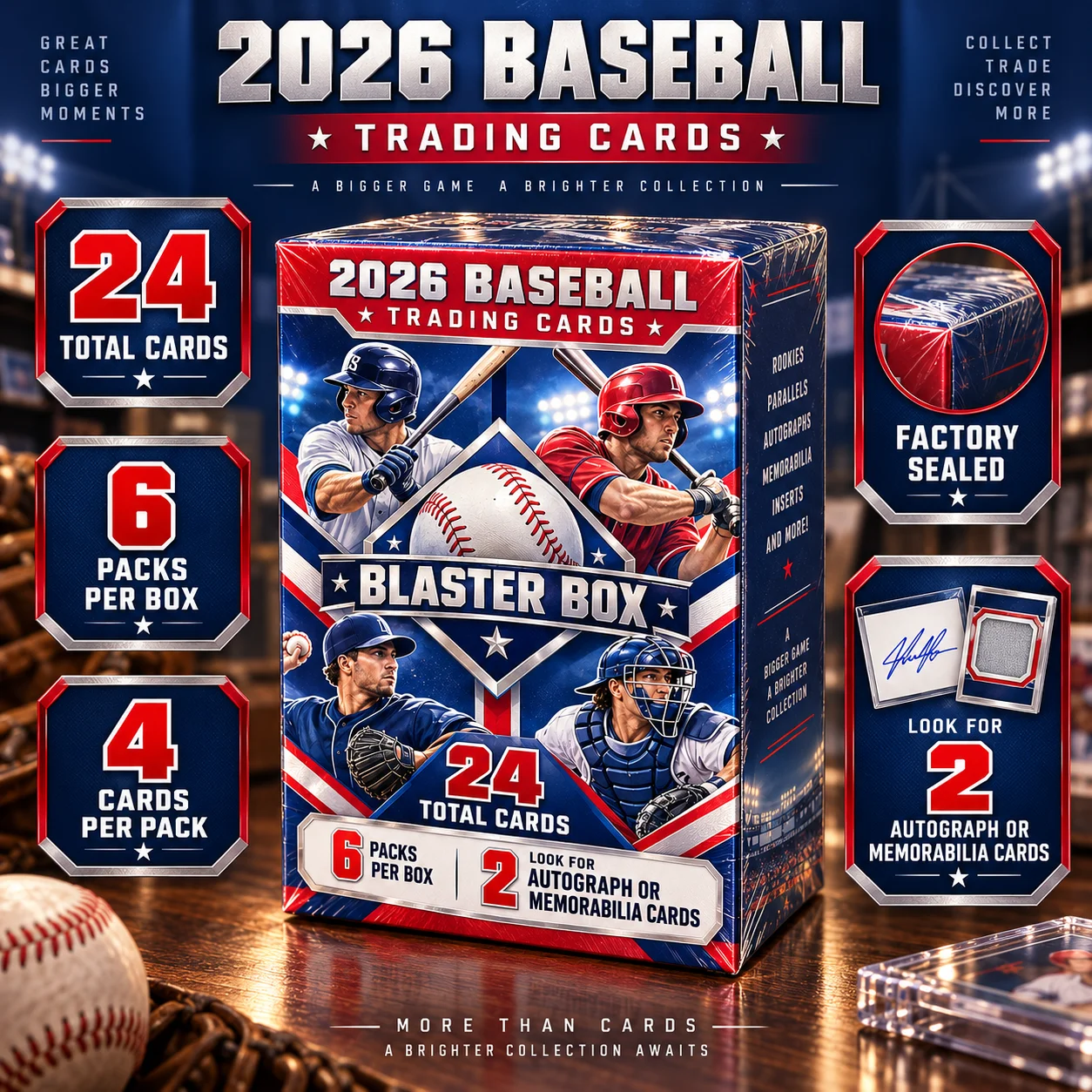2026 Baseball Trading Card Blaster Box, Factory Sealed Baseball Card Collection with 24 Cards, 6 Packs with 4 Cards Per Pack, Look For Autograph and Memorabilia Cards, Baseball Hobby Box for Collectors and Fans