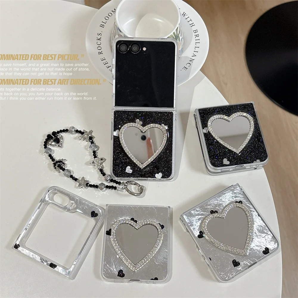 

Luxury Diamond Love with Mirror Lovely Phone Case for Samsung Galaxy Z Flip7 6 5 Flip 5 Flip 5 6 7 FE Cover with Chain Cute Case