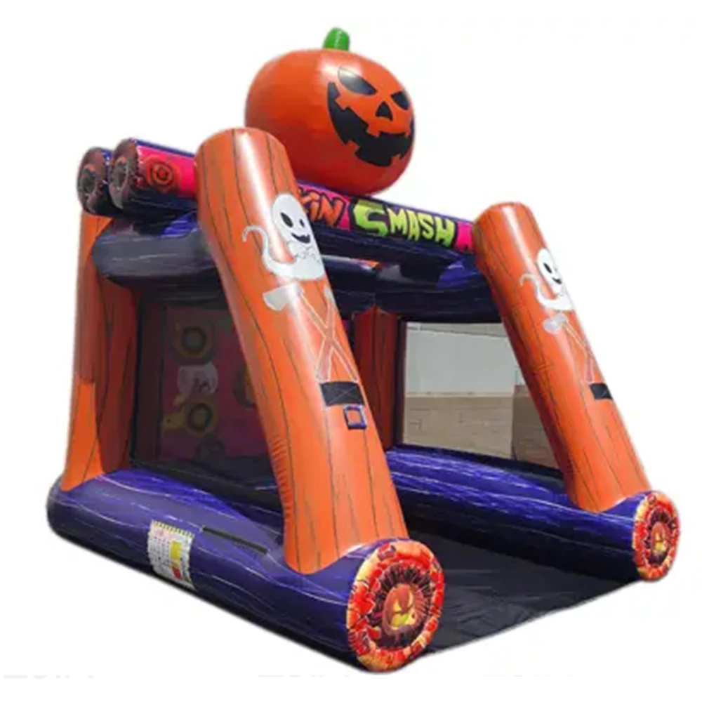 Komercyjne, zabawne, interaktywne elementy na Halloween, karnawał, na zewnątrz, dmuchane atrakcje, gry w rzucanie toporami, dmuchane dynie na Halloween, topory.