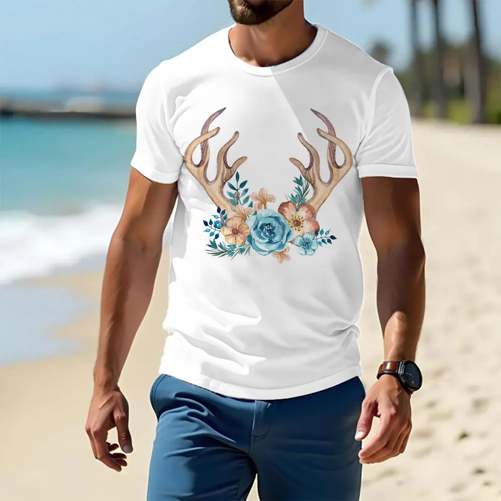 Fashion Loose White T-shirt, Soft Polyester Fabric, 3d Antlers Print, Street Casual O Neck Simple Short Sleeves, For All Seasons