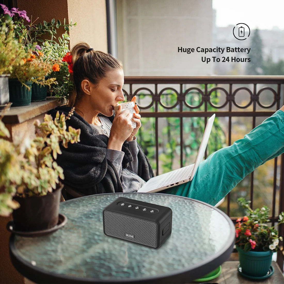 Mlove-A100 Alto-falante Bluetooth portátil, som estéreo sem fio, tempo de reprodução de 24 horas, 5.3 Rich Bass IPX5 à prova d'água