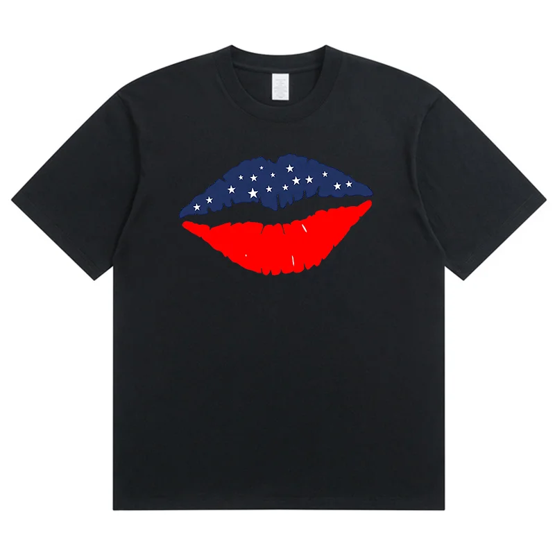 Summer New Blue Upper Lip Red Lower Lip Kiss Fashion Sports Women's T-Shirt Harajuku Graphic Clothing Women's Top,Drop Ship