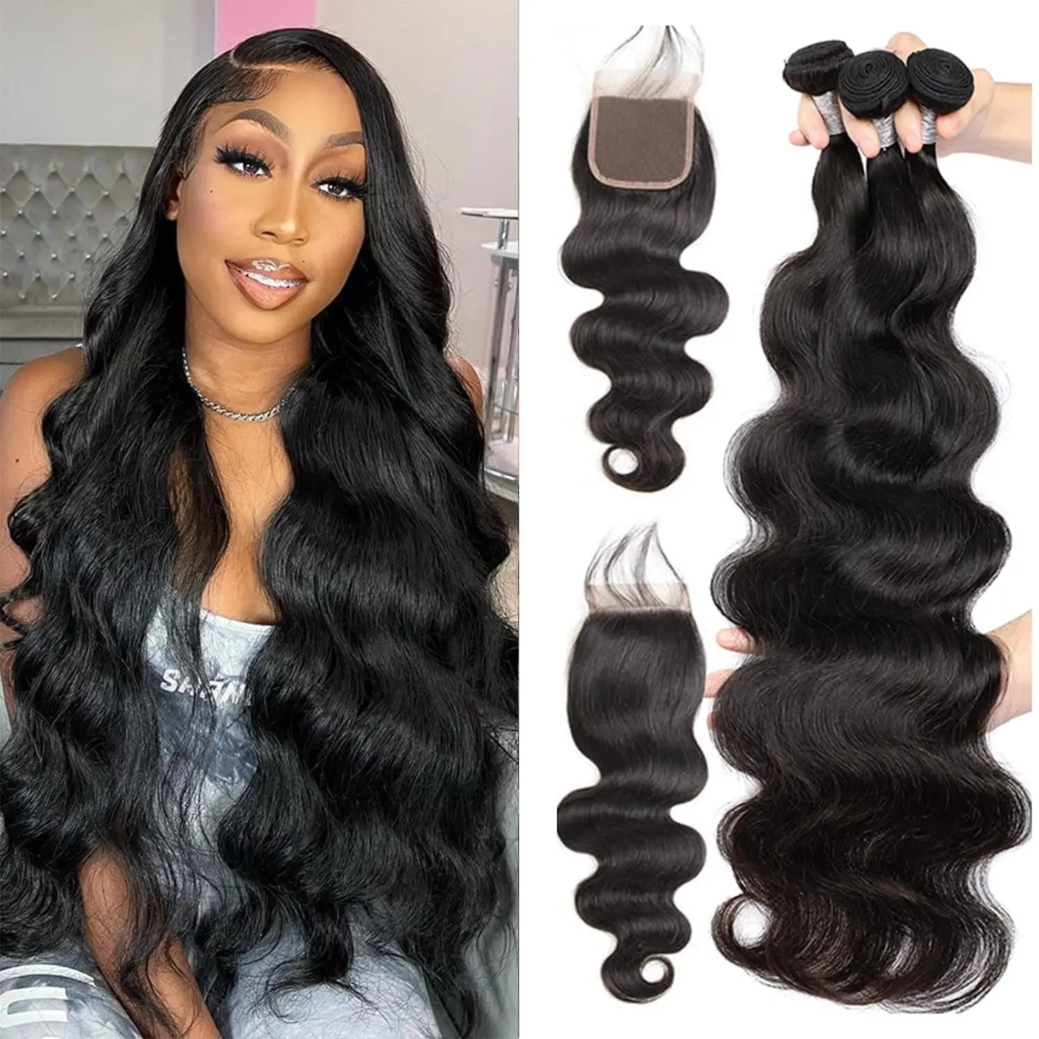 Bundles Body Wave avec fermeture à lacet, cheveux humains brésiliens, 100% cheveux humains vierges non transformés, 3 faisceaux avec fermeture à lacet HD 4tage