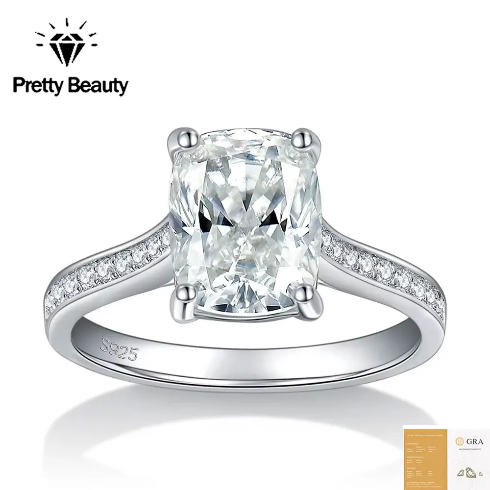Pretty Beauty 3CT Cushion Cut Moissanite Engagement Ring for Women S925 Silver Solitaire Diamond Wedding Band Anniversary Gifts
