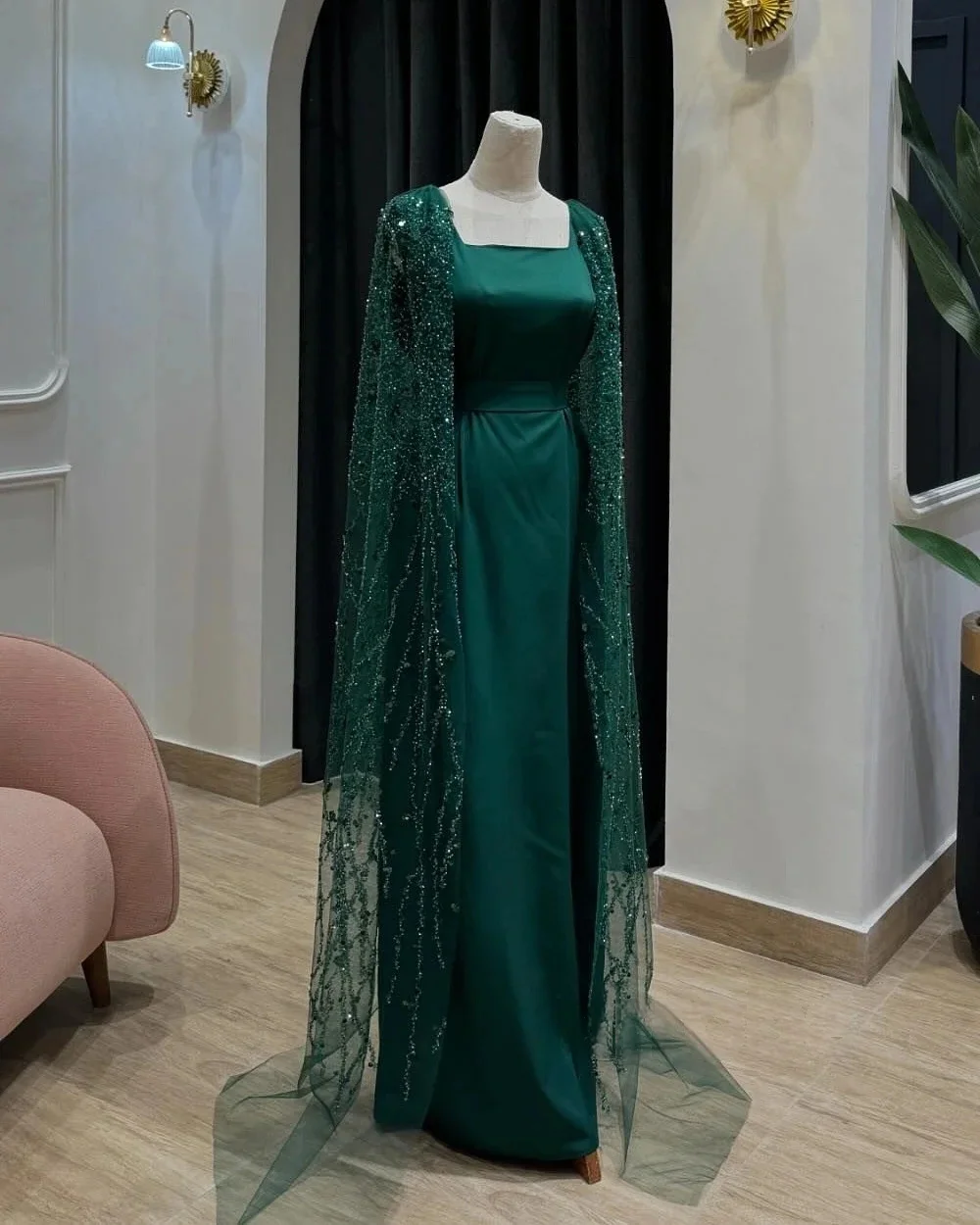 Mila Vestido de fiesta con cintura imperio y cuello cuadrado, vestido de fiesta con tirantes de manga larga y purpurina, vestidos de fiesta personalizados hasta el suelo