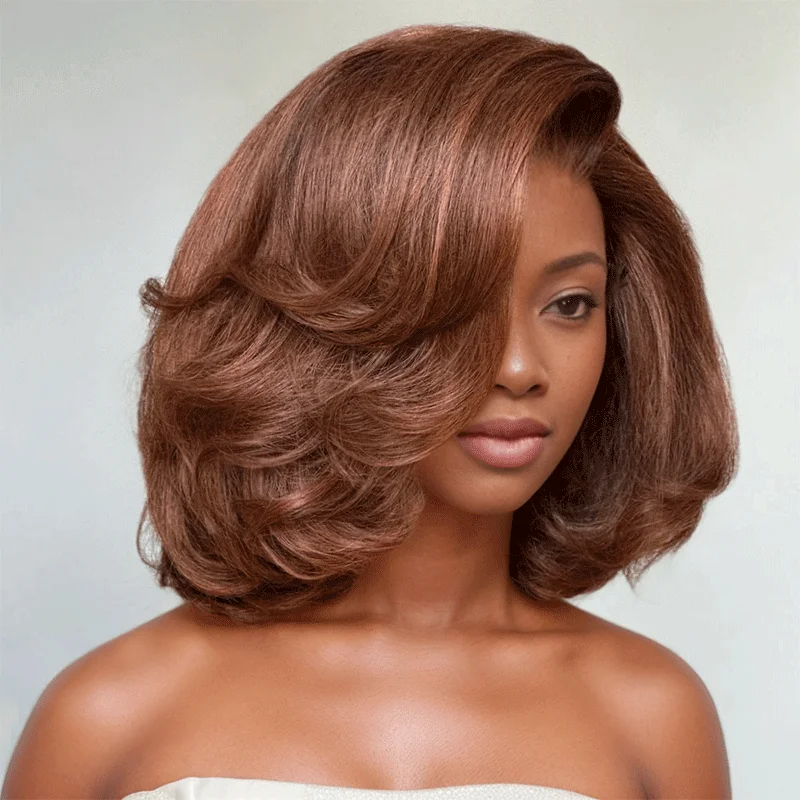 250 Density Chocolate 9x6 Glueless Wig Human Hair Ready To Wear Brazilian Caramel Brown Colored Layer Cut Short Bob Pre Cut Lace