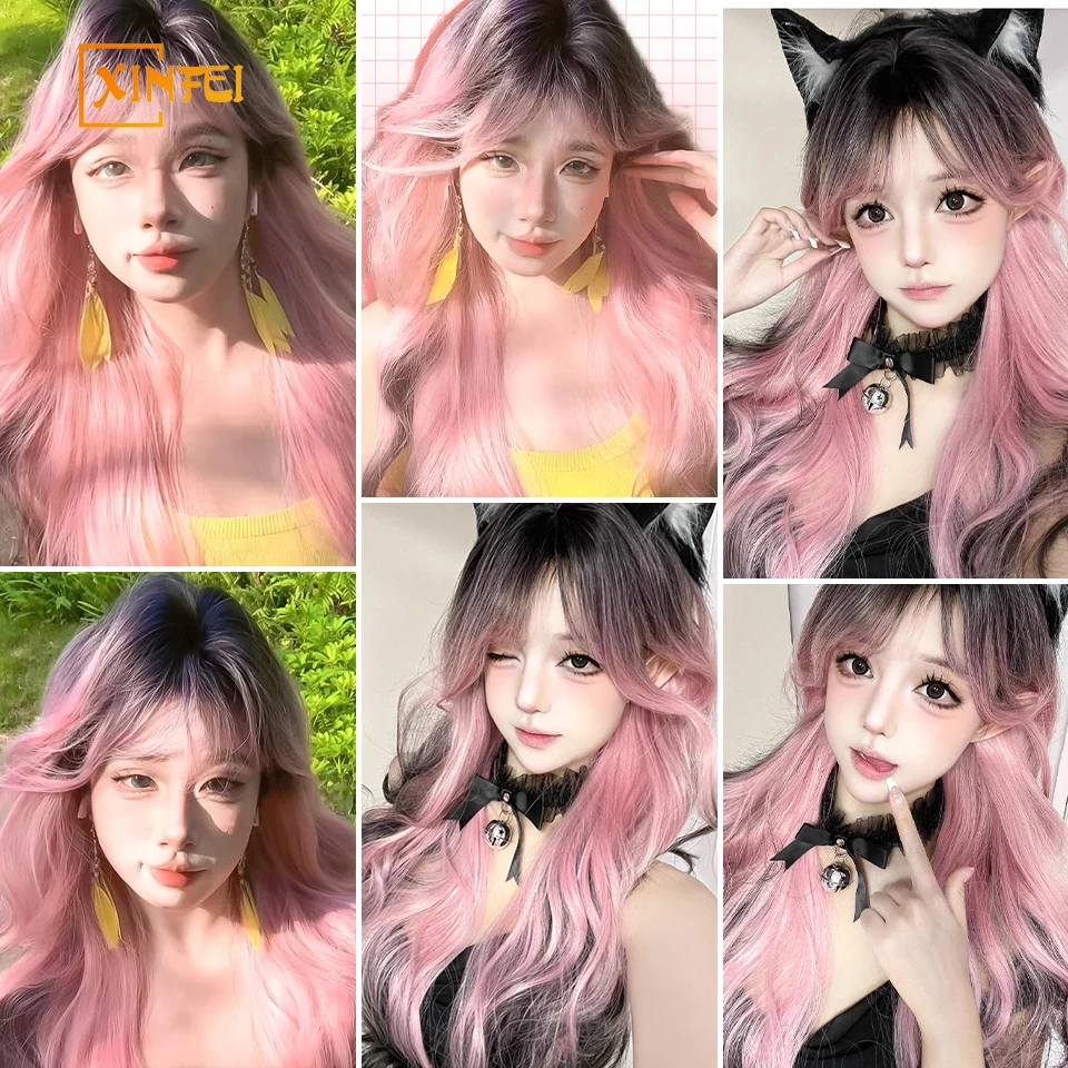 XINFEI Black Pink Ombre parrucche sintetiche per Cosplay parrucche lunghe ondulate a strati con frangia per le donne capelli finti resistenti al calore