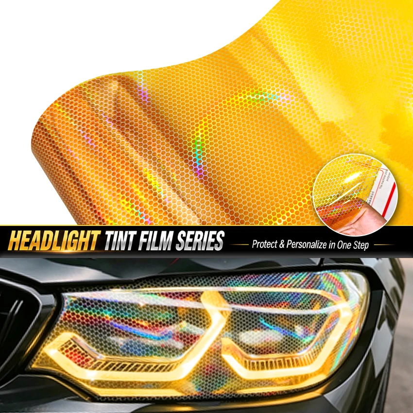 Orange Light Reactive Rainbow Honeycomb Headlight Film Color Shift Vinyl Wrap Car Lamp Tint Sticker Neon Laser Effect