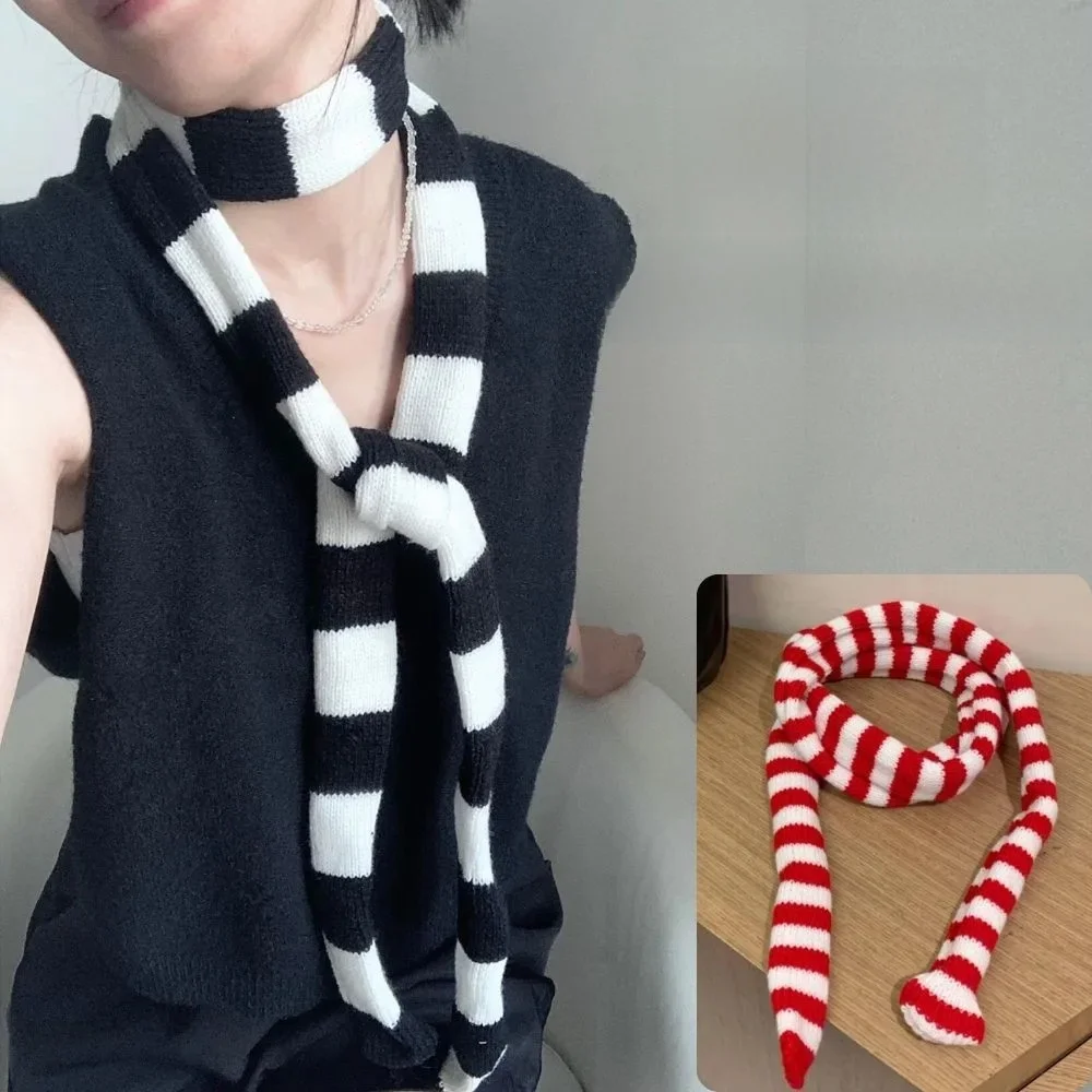 Harajuku Punk Y2k Dzianinowy Wąski Długi Szalik Moda Szary Czerwony Czarny Szaliki w paski Choker Kobiety Ciepły Szalik Szal Streetwear 2024 — zdjęcie 2