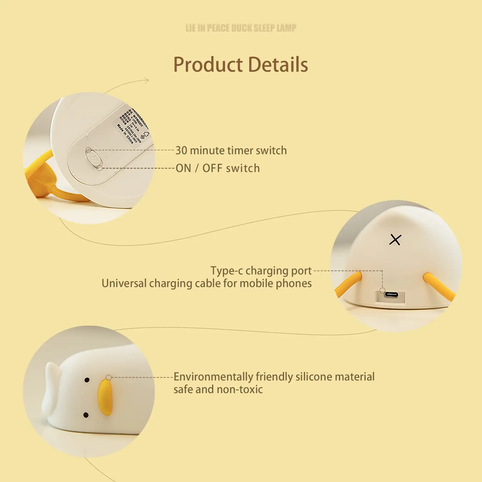 Lying Flat Duck Night Light, LED Squishy Duck Lamp, Cute Light Up Duck, Silicone Dimmable  Nightlight, Rechargeable Bedside