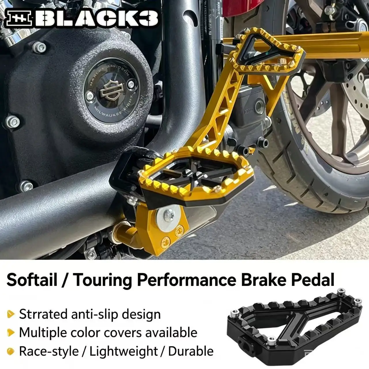 Black3 Large Brake Pedal Multi-Color Panel Anti-Slip Durable CNC Aluminum For Harley Touring & Softail Motorcycle Mod