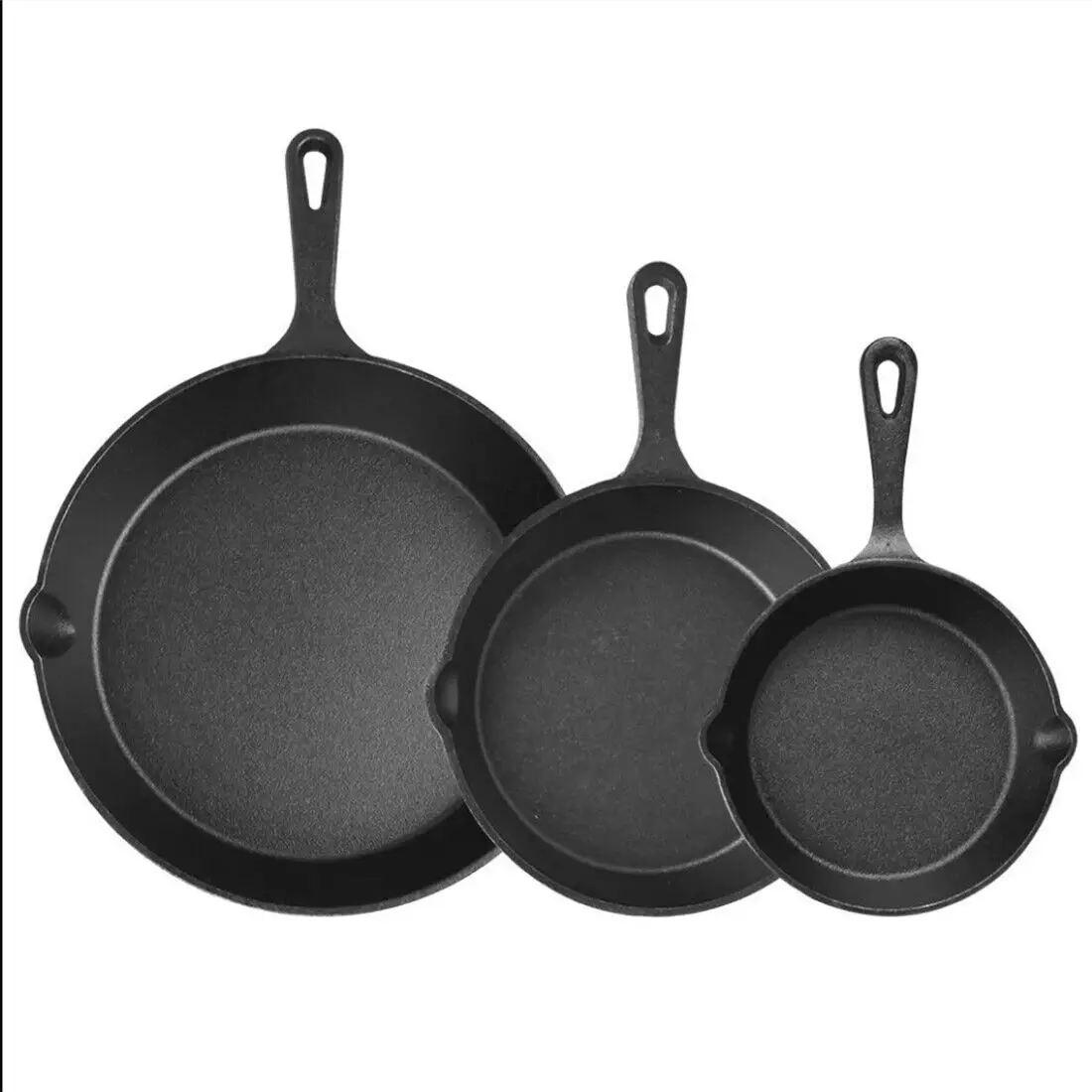3-teiliges Gusseisen-Pfannenset, Voreingebrannte Bratpfannen mit Ausgießern und Griffigen Griffen, Robustes Kochgeschirr zum Braten, Anbraten, Backen, Grillen, Camping und für den täglichen