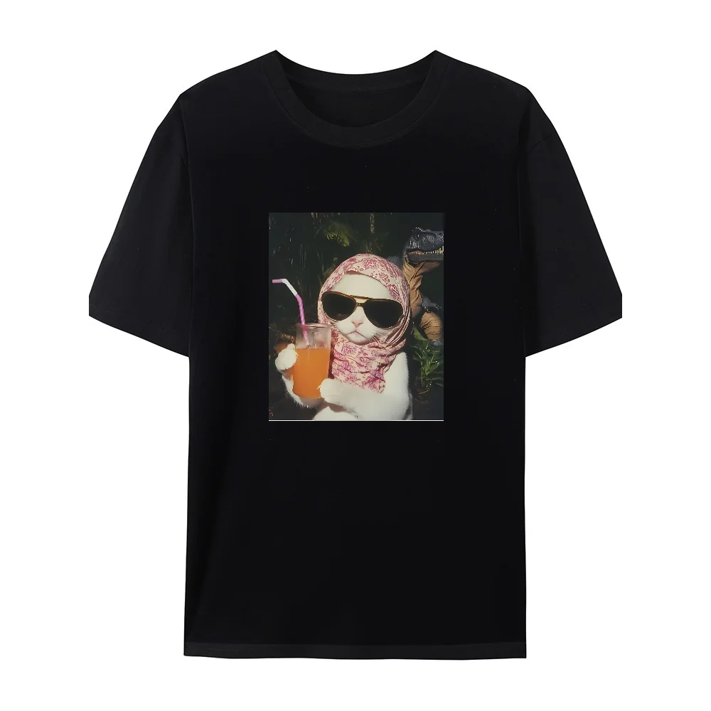 Elegant น้ําดื่มแมวและรูปแบบไดโนเสาร์ Tees แนวโน้มแฟชั่นใหม่ Chic ผู้หญิงผ้าฝ้ายเสื้อยืดรอบคอแขนสั้นด้านบน