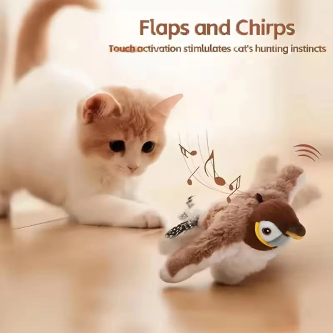 Rechargeable Simulated Bird Cat Toy Interactive Chirping Flapping Bird Touch Activated Plush Pet Toy for Cats and Dogs