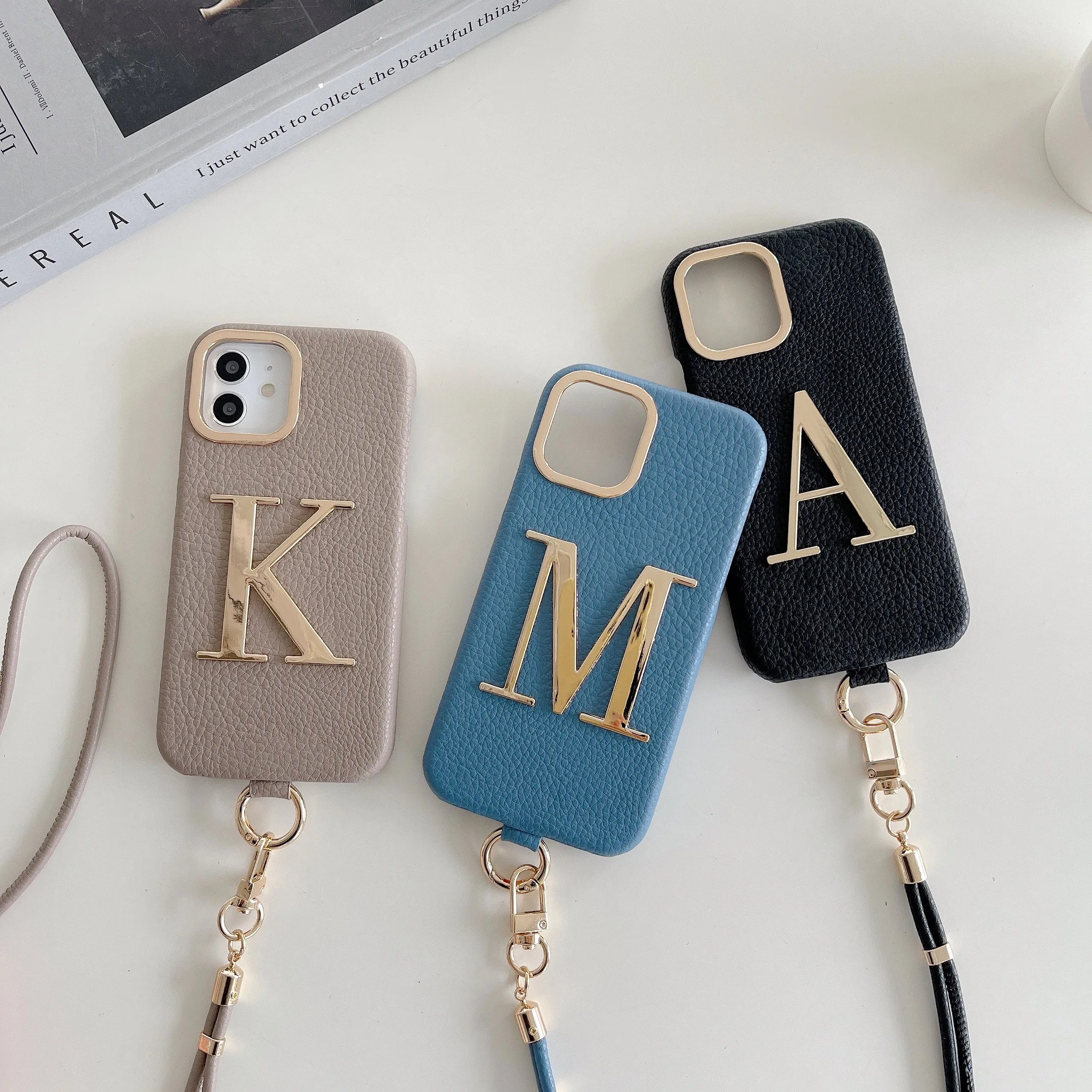 Customiezd Initial Leather Gold Letter Phone Case Lanyard Protective Cover for iPhone17 16 11 12 13 14 15ProMax Premium Luxury