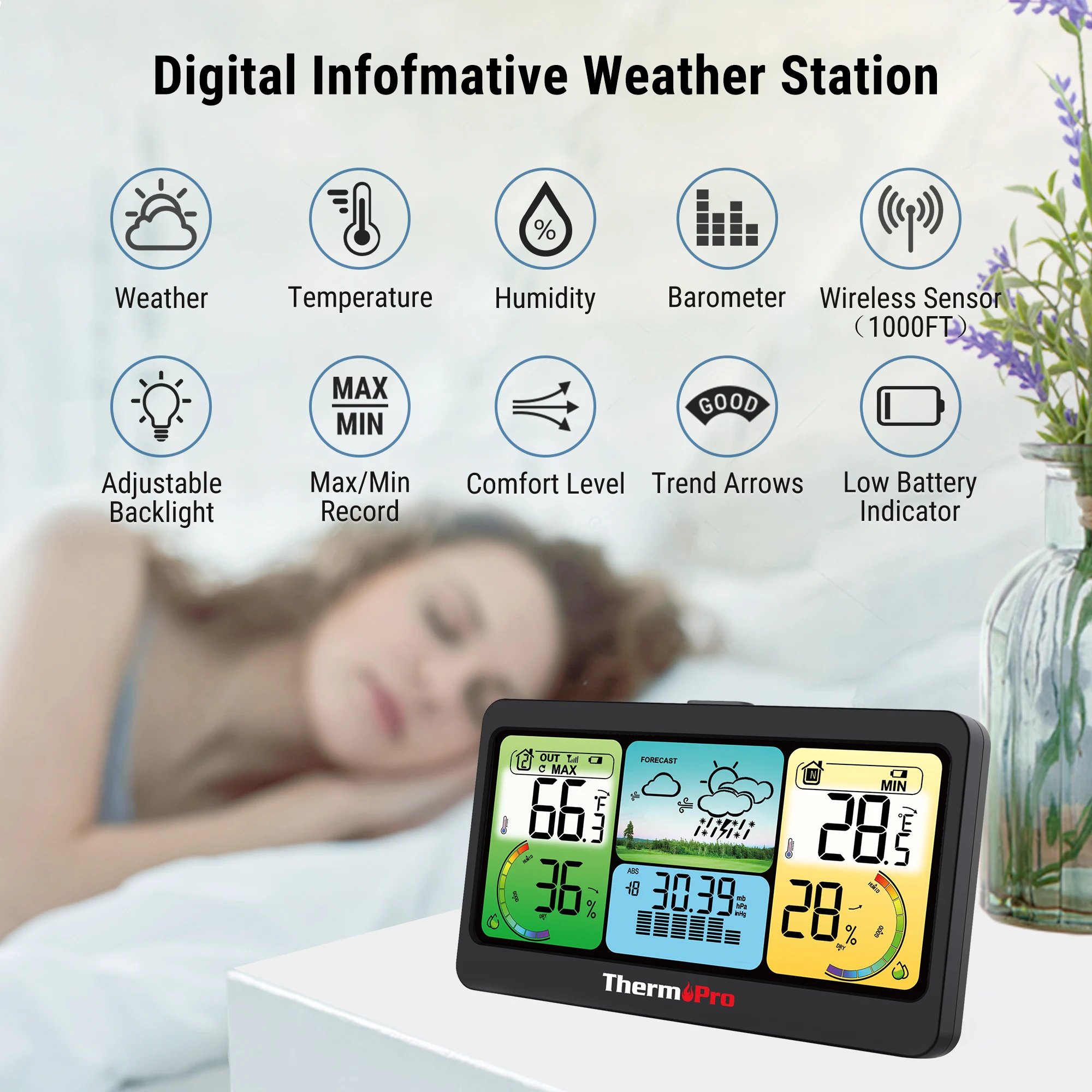 ThermoPro TP280C Wireless 300m Indoor Outdoor Digital Room Thermometer Hygrometer Outside Weather Station Large LCD Rechargeable