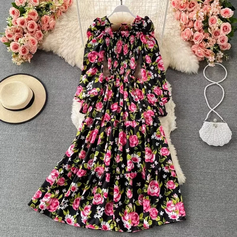 Imagem -02 - Primavera Outono Boêmio Férias Praia Francês Retro Floral Vestido Longo Feminino Elegante Gola Quadrada Puff Manga a Linha Casual Robe