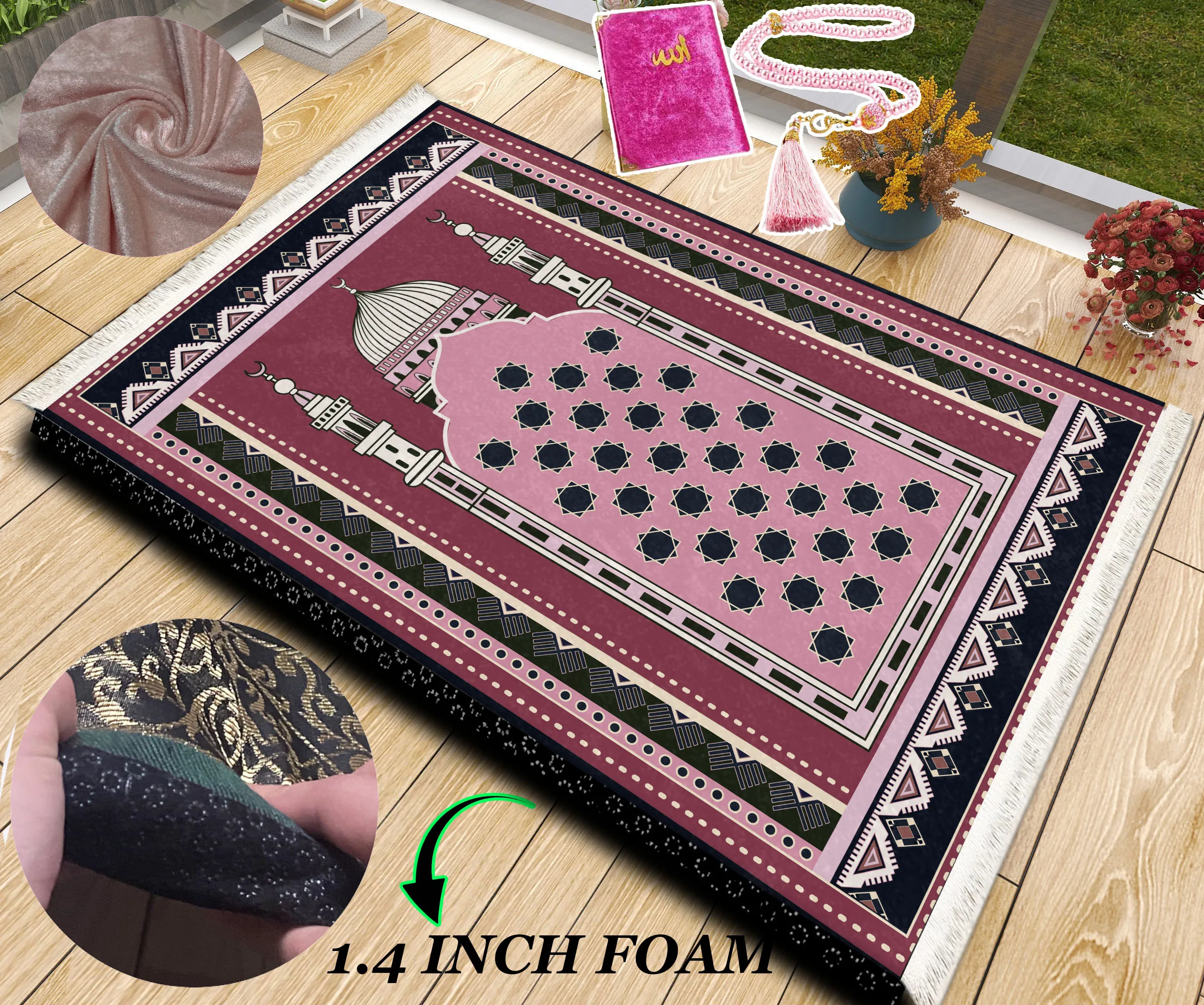 Extra Thick Foam Padded Turkish Pink White Prayer Rug, Luxury Yaseen, Soft Praying Mat Carpet & Pearl Tasbeeh, İslamic Gift Set