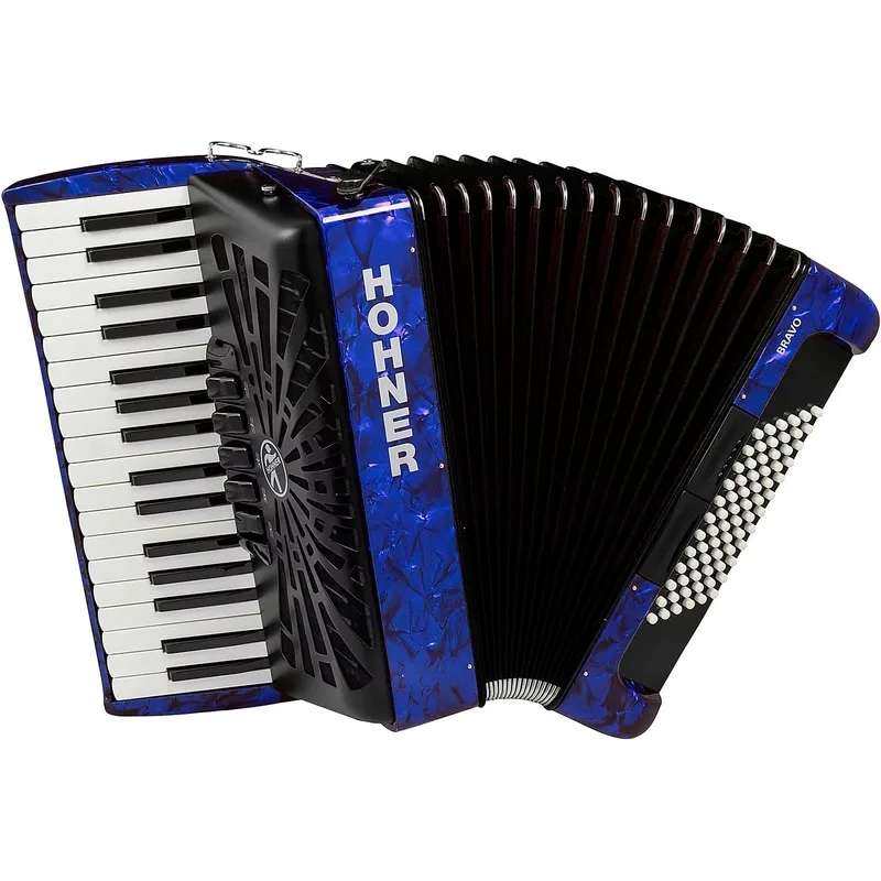 New Hohner Bravo III 72 Accordion with Blue Bellows Black