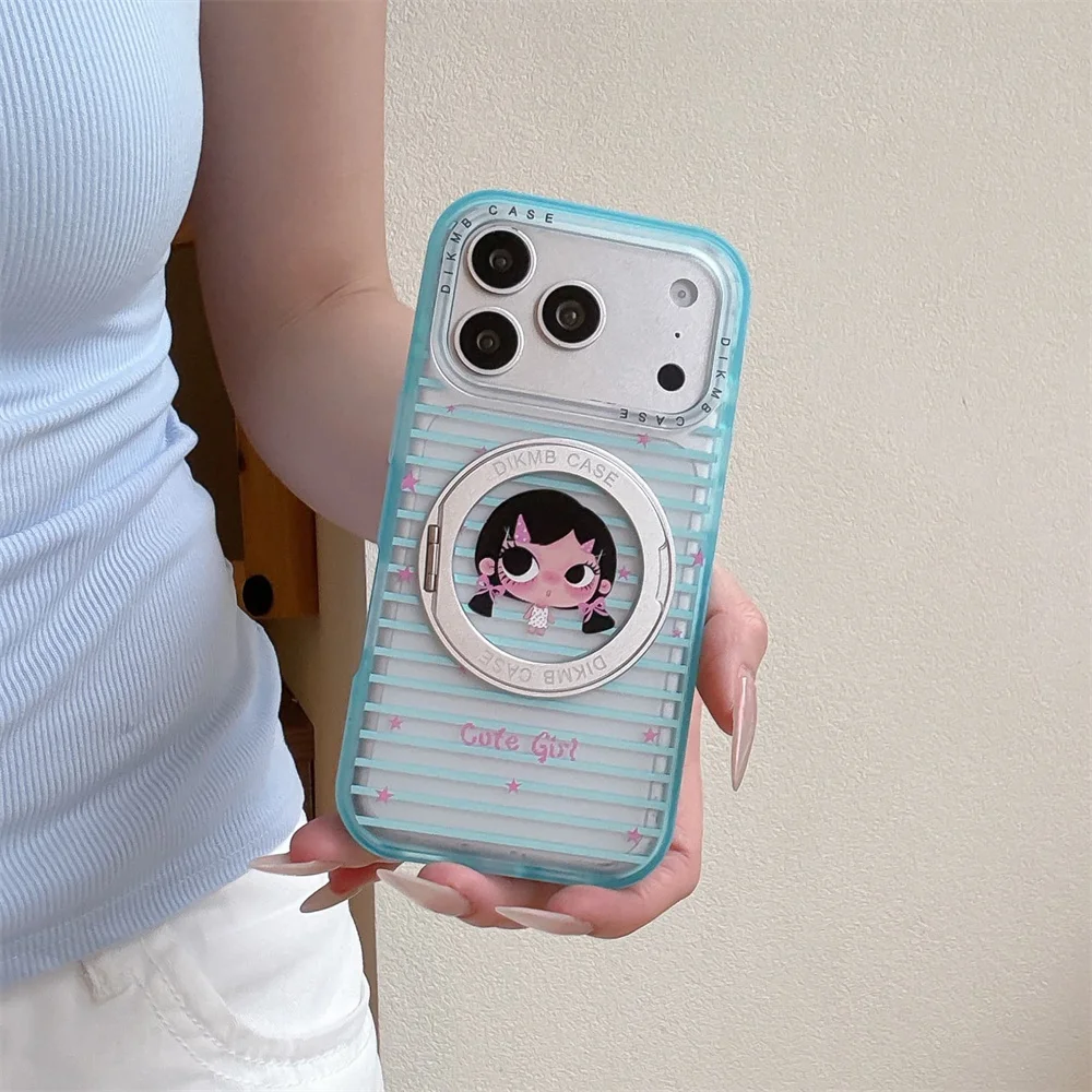 

Korean Stripe Cute Cartoon Girl With Rotate Stand Phone Case for iPhone 16 Pro 15 16 17 15 Pro 17 Pro Max Cover Shockproof Cover