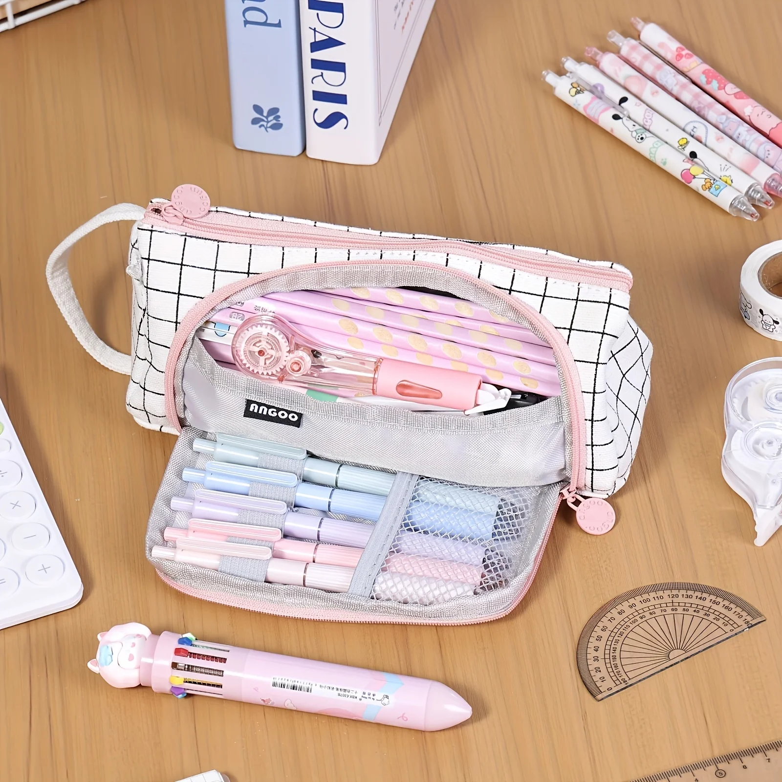 Canvas Triangle Stationery Box, Large Capacity Portable Pencil Pouch Student Stationery Organizer Storage Bag