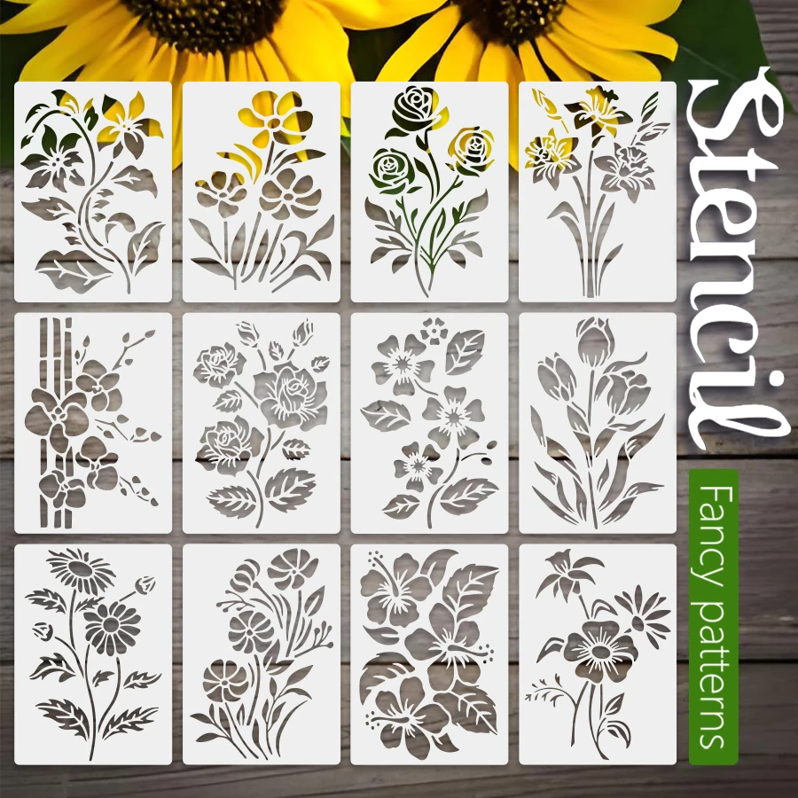 12pçs 8.2*6in conjunto de modelo de estêncil floral para artesanato diy, pintura de parede, móveis e decoração de casa-material de plástico pet reutilizável