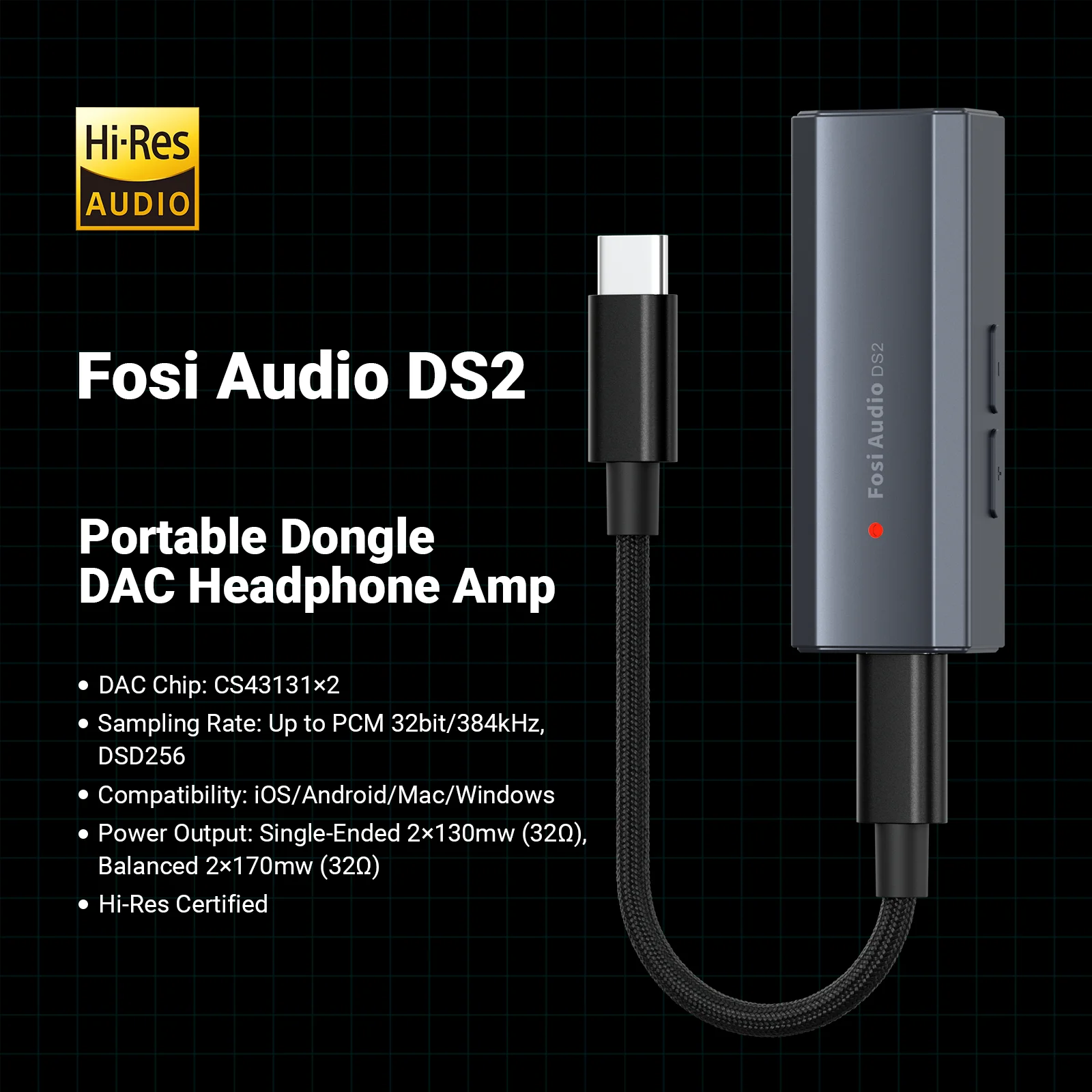 Fosi Audio DS2 Mini Audio USB DAC Dongle Headphone Amplifier DSD Decoder Amp Support 32bit/384kHz with 3.5MM & 4.4MM Balanced