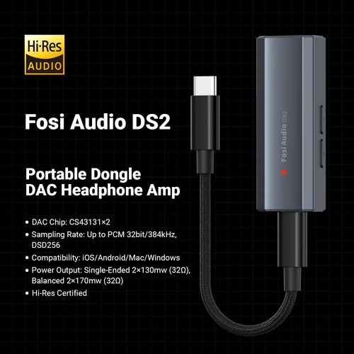 Imagen 2 del producto Fosi Audio DS2 Mini Audio USB DAC Dongle amplificador de auriculares decodificador DSD Amp compatible con 32 bits/384 kHz con 3,5 MM y 4,4 MM equilibrado