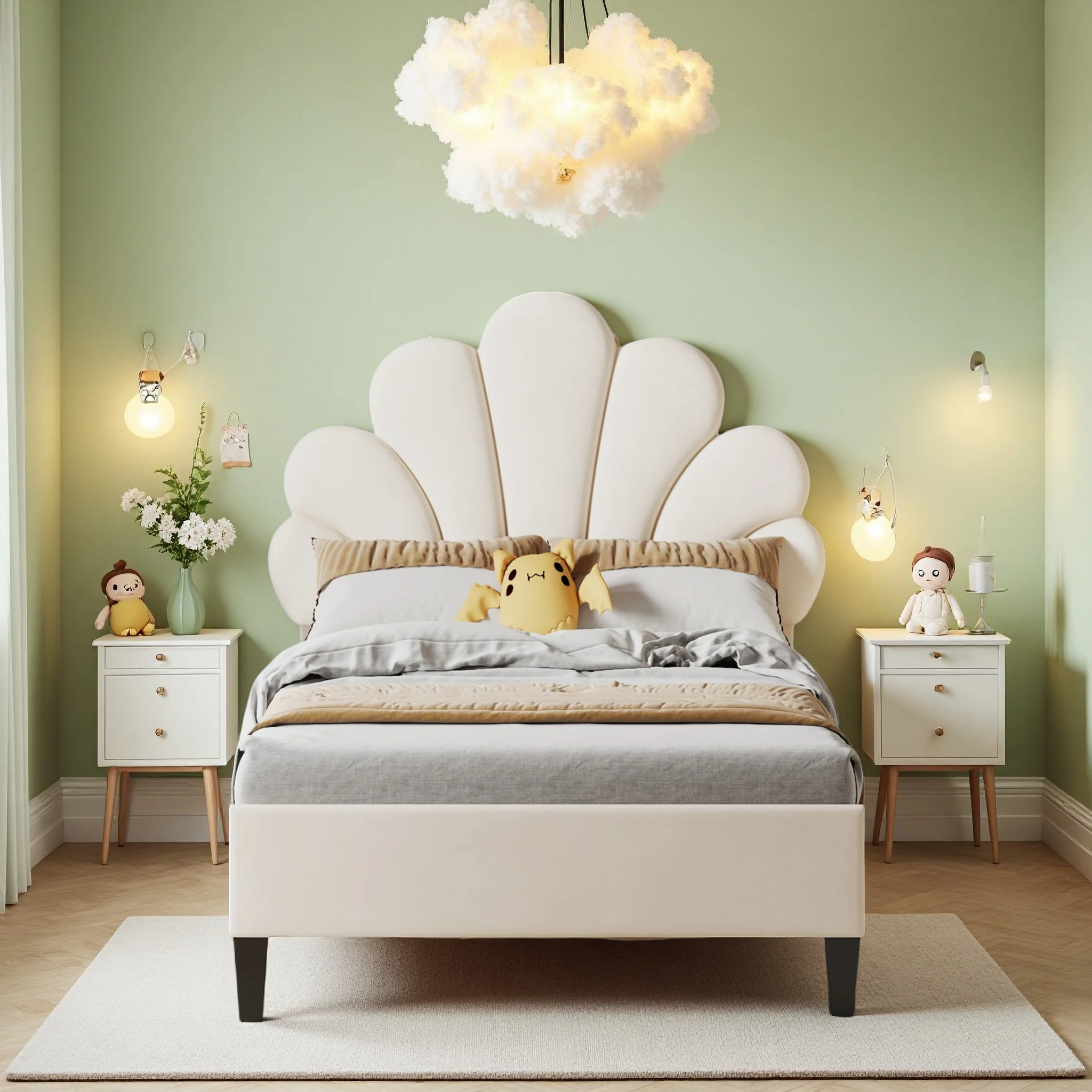 Cama infantil tapizada 90x200cm, cama individual acolchada con somier de láminas de madera, estructura de cama para niñas, camas para niñas con cabecero ajustable, cama juvenil, beige