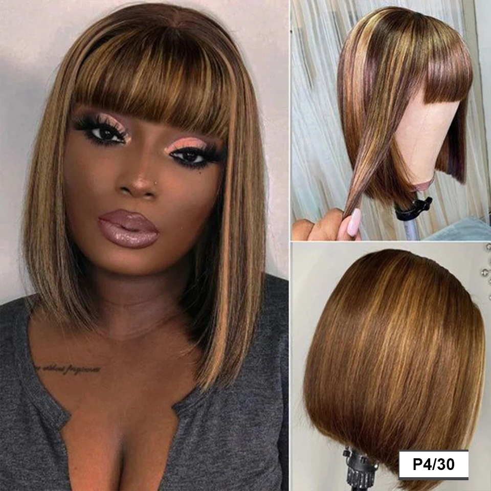 

Peruvian Straight Bob Lace Wigs Straight Human Hair Wigs With Bangs #27 Brown Fringe Middle Part Bob Lace Wigs Realistic Scalp