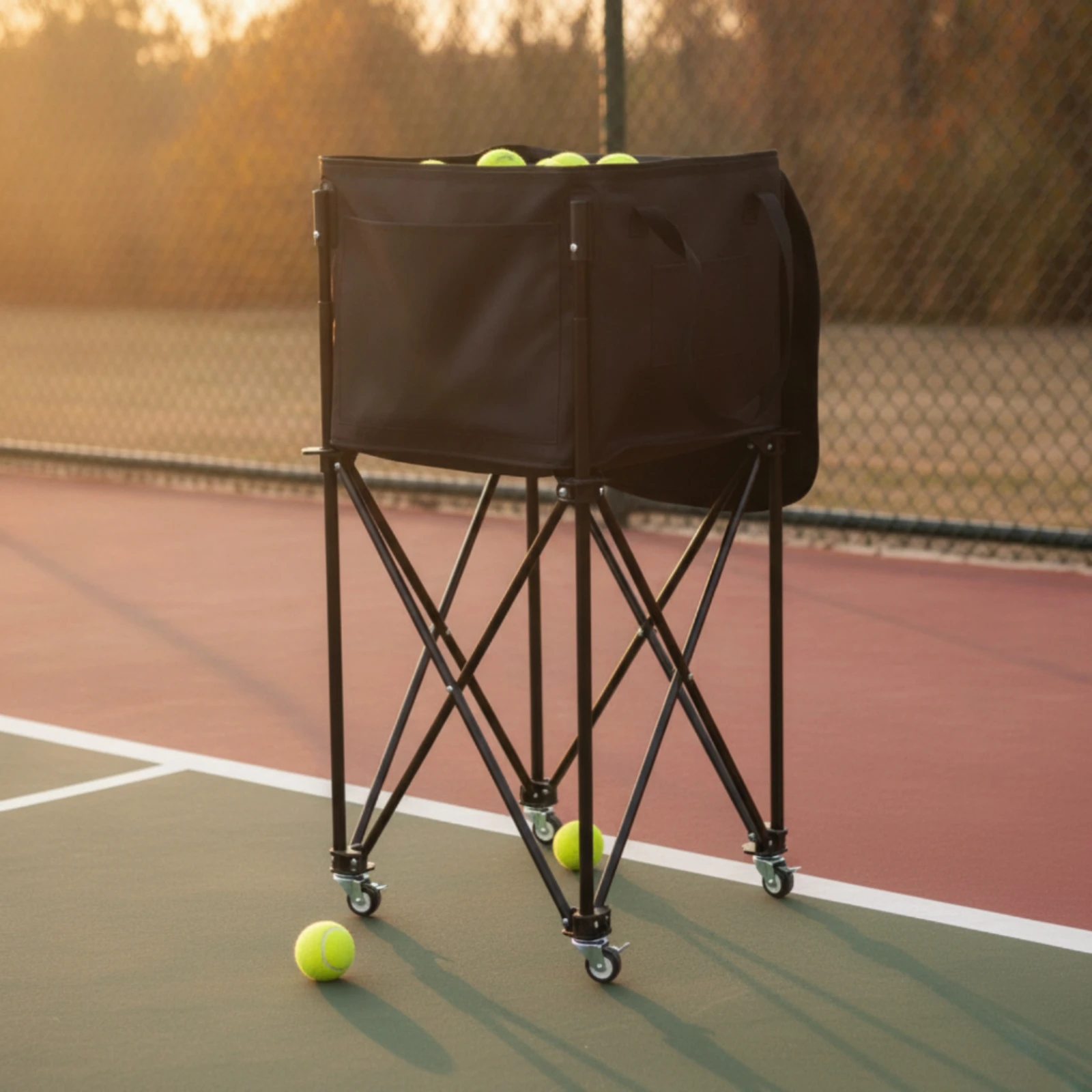 Foldable Tennis Ball Cart Holds 120lbs Mesh Basket with Wheels Large Capacity Portable Trolley for Tennis Training Coaching