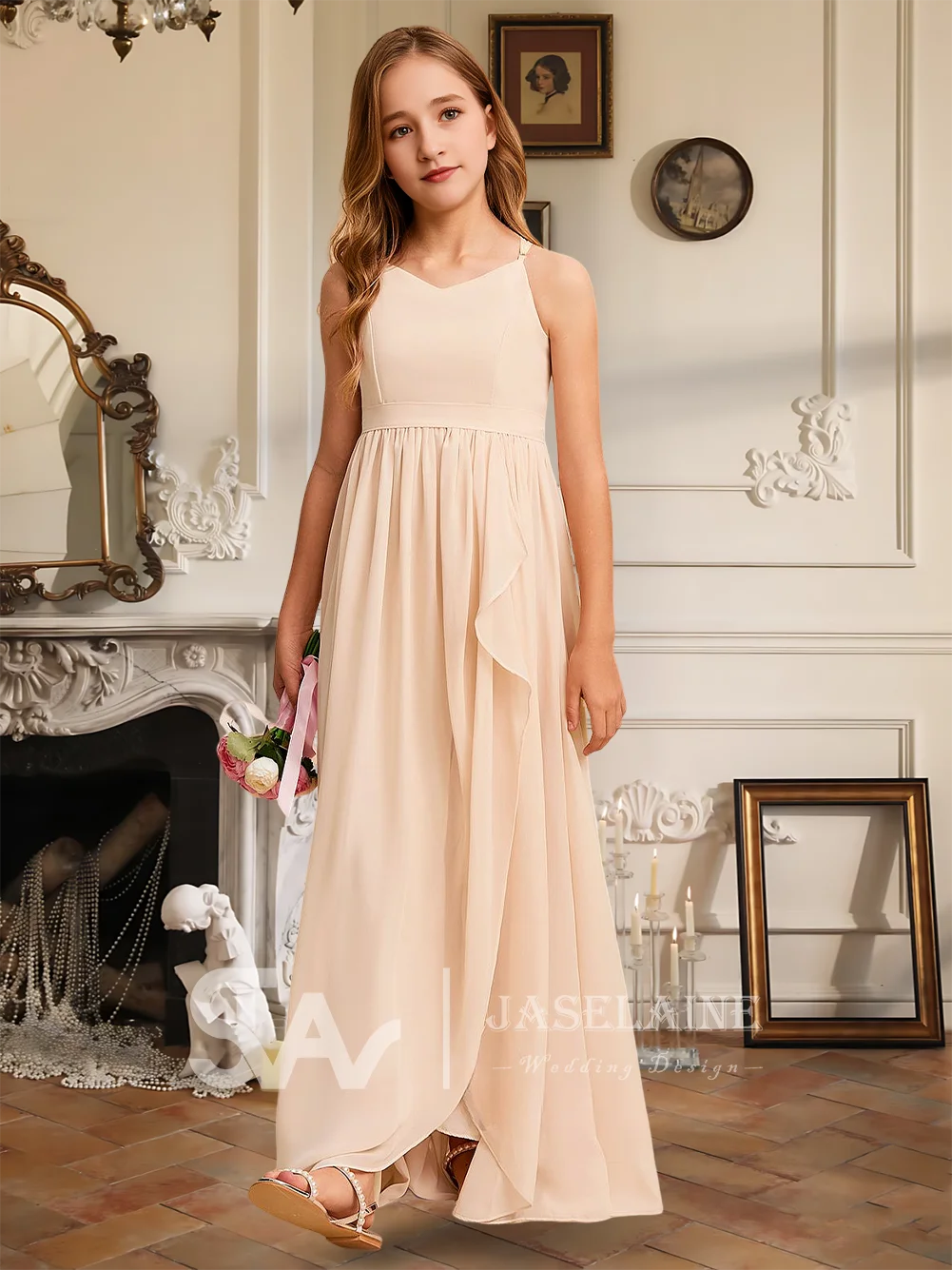 A A-Line V-Neck Floor-Length Chiffon Junior Bridesmaid Dress Flower Girl Dress With Side Slit Crisscross Party Wedding Formal