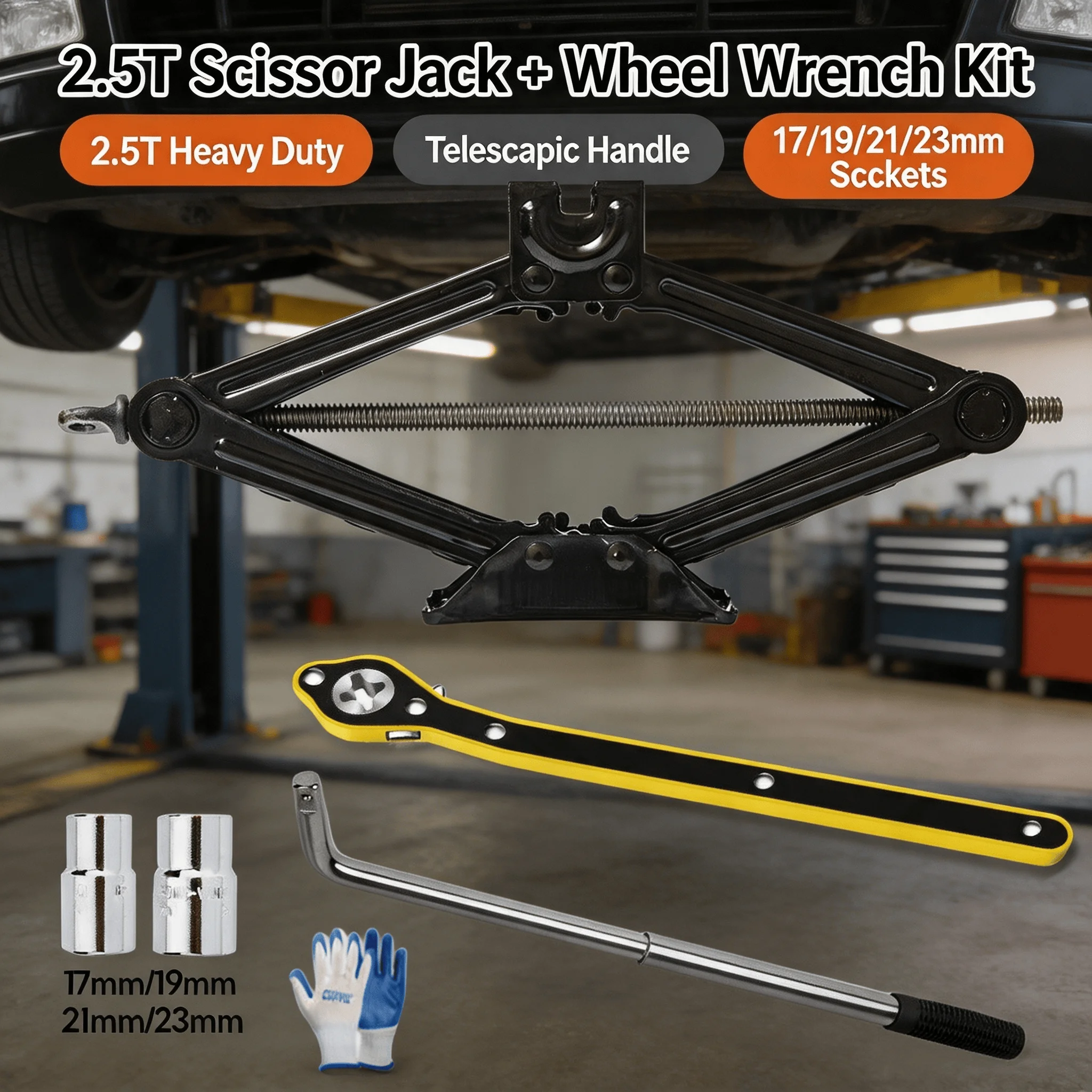 Cric à ciseaux 2,5T avec clé à roue télescopique, cric de voiture en acier robuste et clé à écrous de roue ergonomique, douilles 17/19 mm et 21/23 mm, manche extensible, kit d'outils portables pour le changement de pneu en cas d'urgence pour voitures, fourgonnettes et SUV