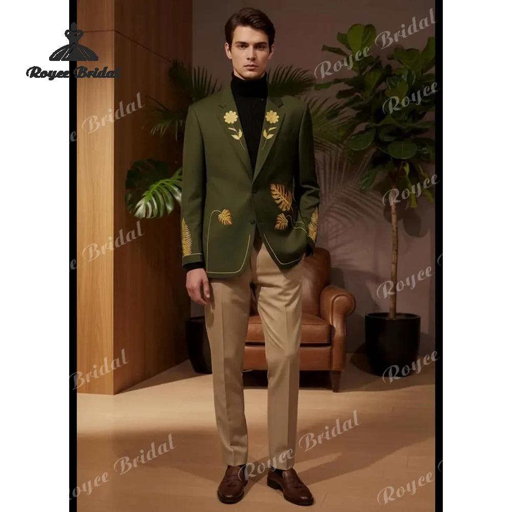 بدلات زفاف رجالية مطرزة بالنباتات الخضراء مكونة من قطعتين 2026 بأوراق استوائية وتفاصيل حفلات الزفاف زي أوم مارياج #1