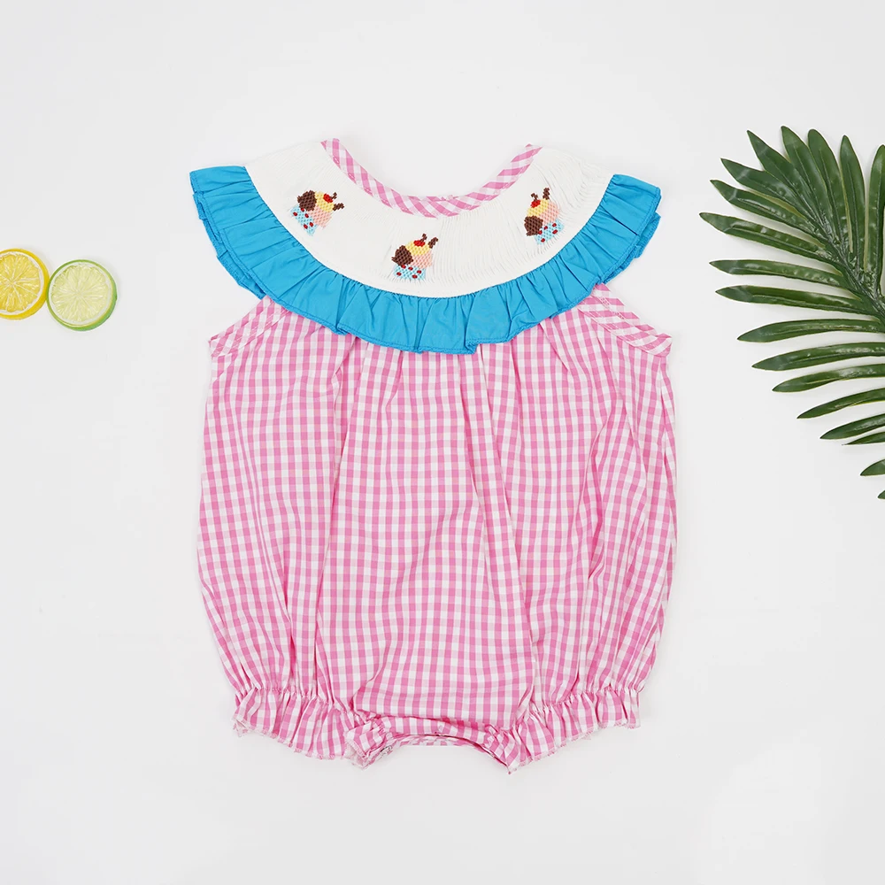 

2022 Boutique Baby Girl Clothes Smock Newborn Romper Hand Made Cake Embroidery Bodysuit Pink Lattice Jumpsuit 0-3T For Girls