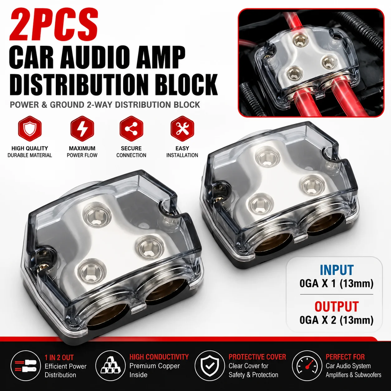 2PCS 0 Gauge Car Audio Power Ground Distribution Block 1 In 2 Out Splitter for Amplifier Subwoofer Wiring