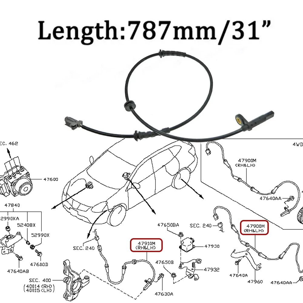 Rear Front ABS Wheel Speed Sensor For 07-13 Nissan X-Trail Rogue S35 T31 T31Z 2.5L L4 2.5L 47910-1DA1A  47911-1DA1A 47900-JG000