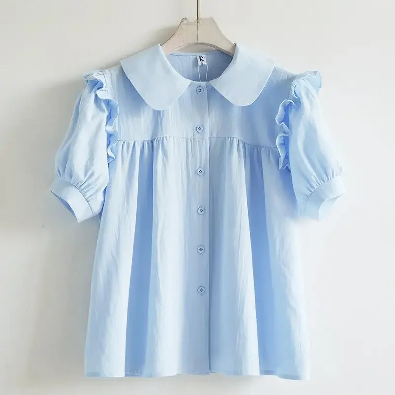 Blue Peter Pan Kragen Einreiher Kurzarm lose Frauen Bluse Hemd koreanische Mode weibliche Kleidung Tops 2024 Frühling