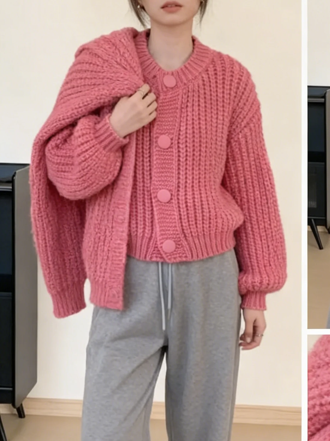 

Lazy style women's knitted sweater, loose fit, V-neck, versatile solid color pullover