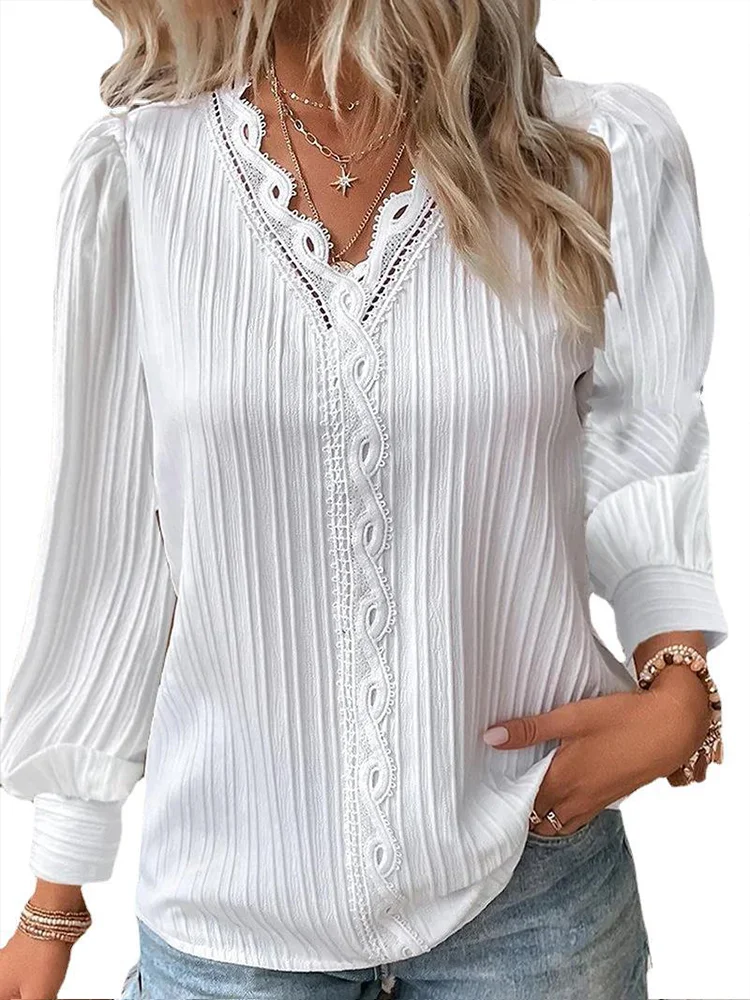 Long Sleeve V-Neck Fine Elegant Woman Shirts Lace Spliced Hollow Office Lady Blouses Youthful Fashion Loose Streetwear Tops