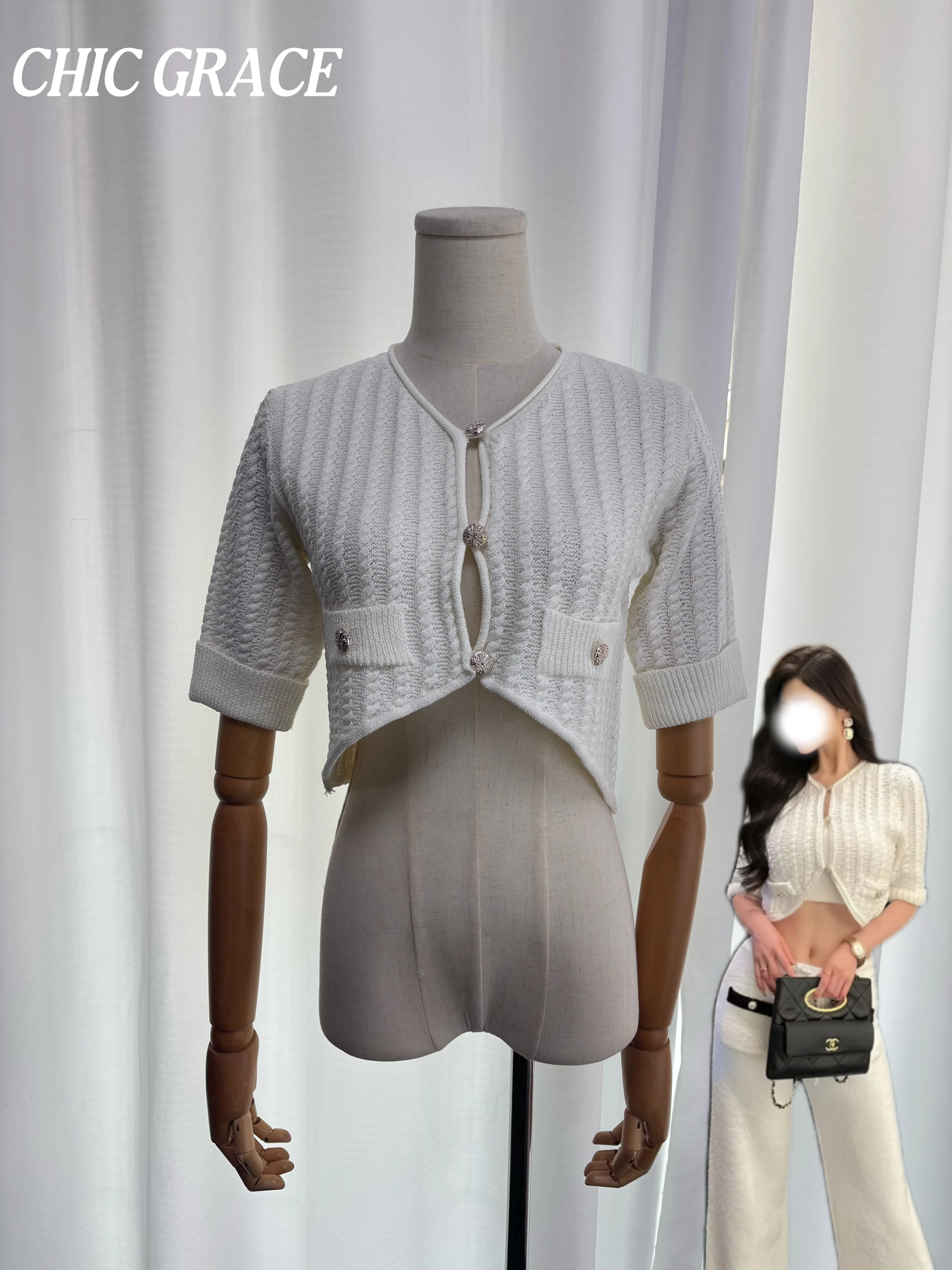 

Real shot French Style Hollow Out Knitted Cardigan For Women Summer Elegant High-end Cropped Short Sleeve Open Front Sweater Top