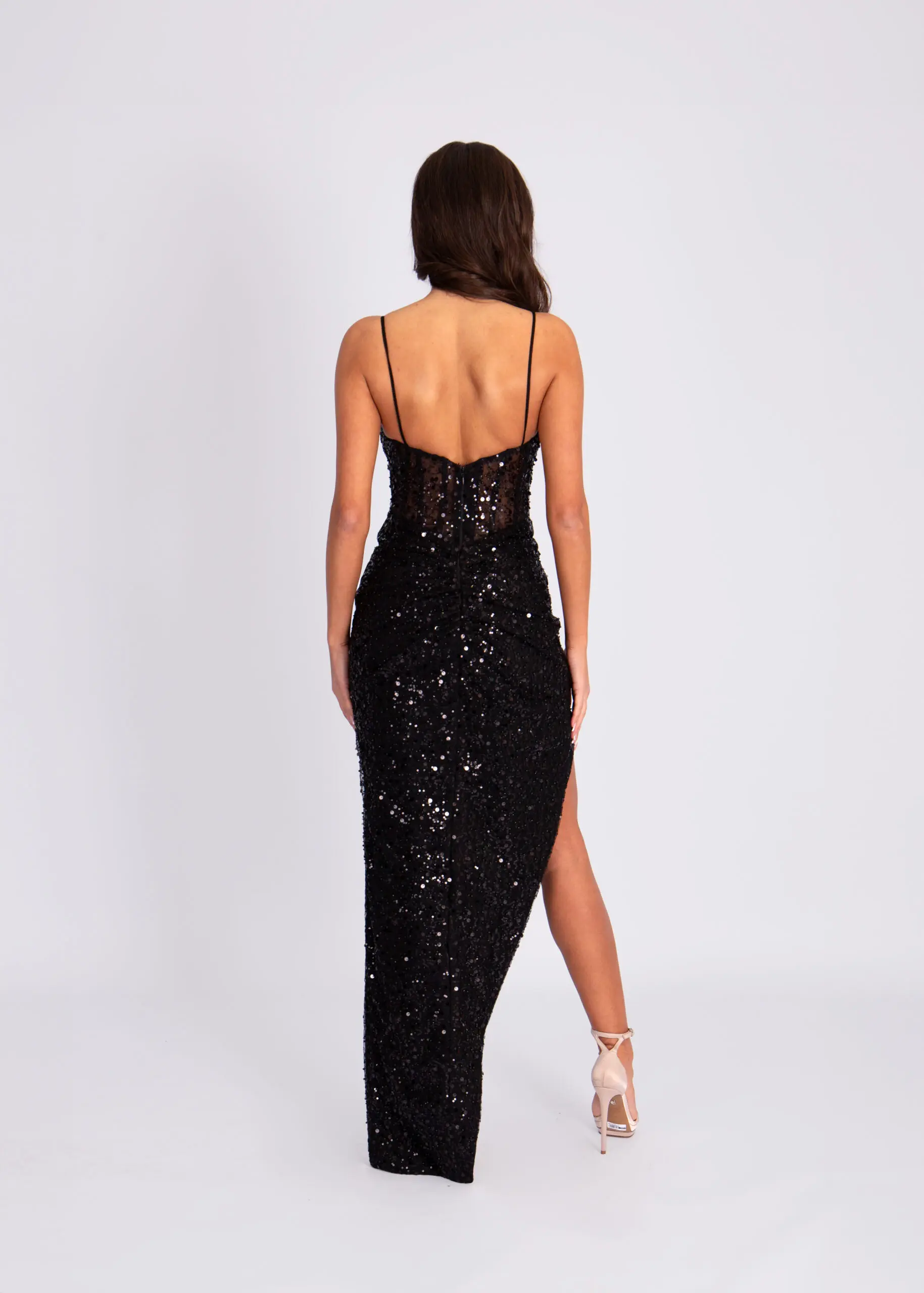 Sequins Spaghetti Straps V-neck Mermaid Prom Dresses With Side Corset Evening Dress Asymmetrical Sleeveless Formal Cocktail Gown