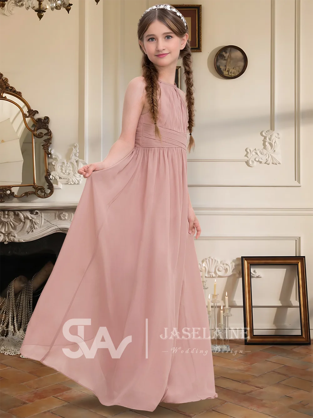 

C Kids Elegant A-Line Halter Floor-Length Chiffon Junior Bridesmaid Dress Flower Girl Dress Girls Wedding Party Formal Special