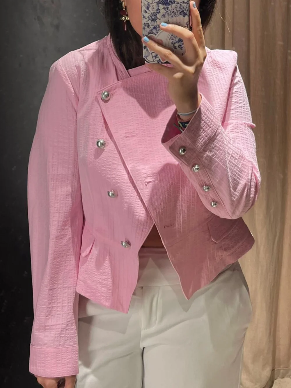 Elegant Asymmetric Blazer Jacket Women Metal Buttons Textured Pink Crop Coats Office Lady Long Sleeve Outerwear Stand Collar