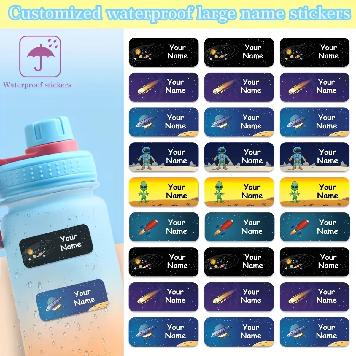 Custom Space-Themed Name Stickers | High Quality and Durable, Suitable for Water Bottles/Stationery/Books and Back-to-School
