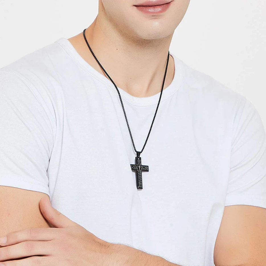 Mode Bibel Jesus Kreuz Anhänger Halskette Hip Hop Männer Edelstahl Anhänger Halskette für Frauen Retro Religiöse Gebet Schmuck – Detail 7