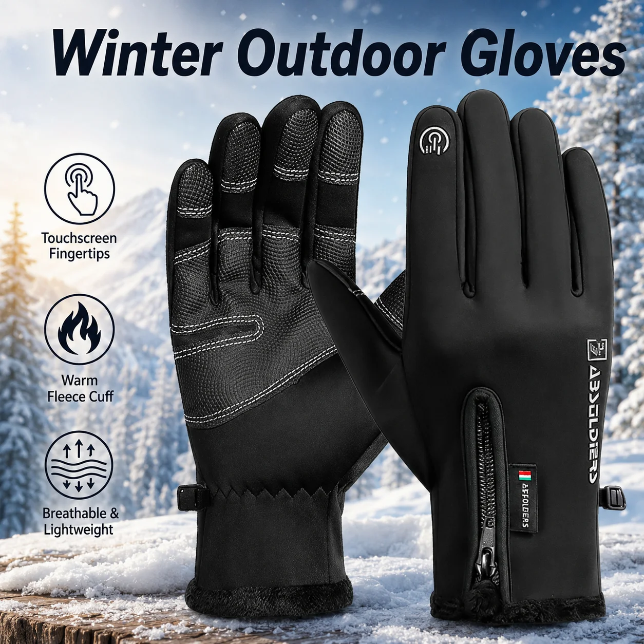Herren-Winter-Fahrradhandschuhe mit Touchscreen-Funktion, warm gefüttert, schwarz, Outdoor-Handschuhe zum Skifahren, Radfahren, Wandern
