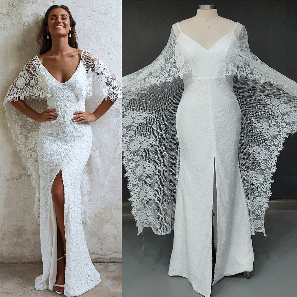 Boho długi nietoperz suknia ślubna Backless Lace Custom Made cel Elopement wysoki podział paczuli płaszcza suknia ślubna