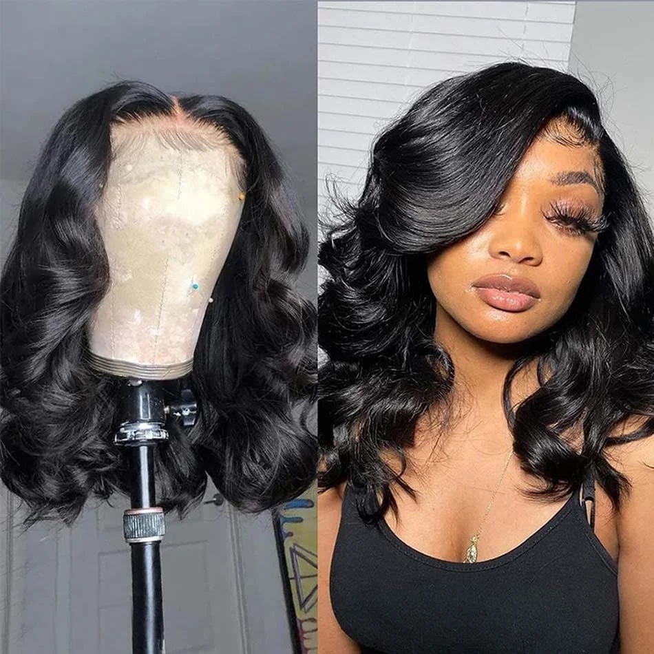 Wig Bob Pendek Gelombang Tubuh Warna Alami 13X4 Wig Rambut Manusia 100% Depan Wig Frontal Renda Transparan untuk Wanita dengan Rambut Bayi